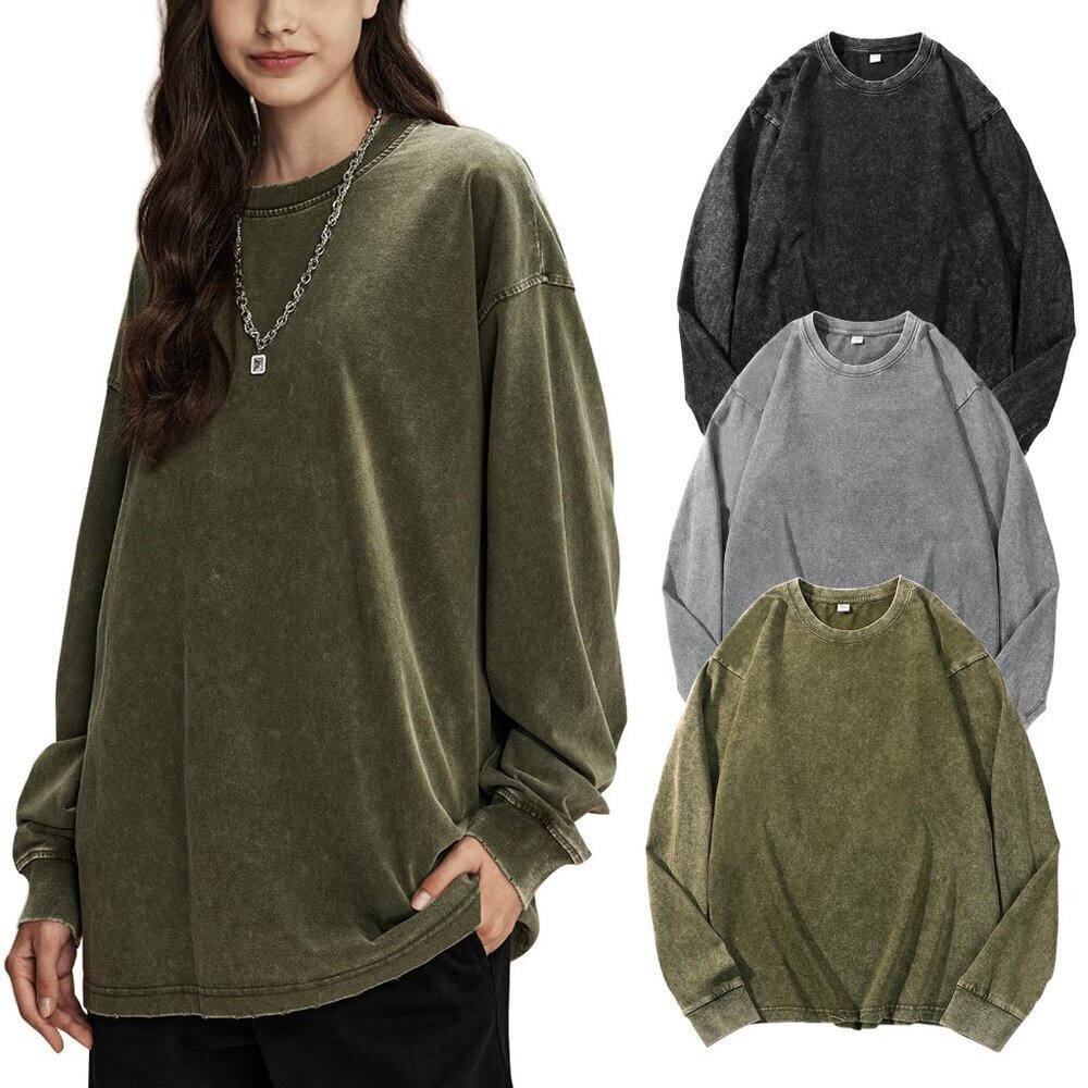 Oversized Long Sleeve T-Shirt Vintage Acid Wash Cotton Relaxed Fit Y2K
